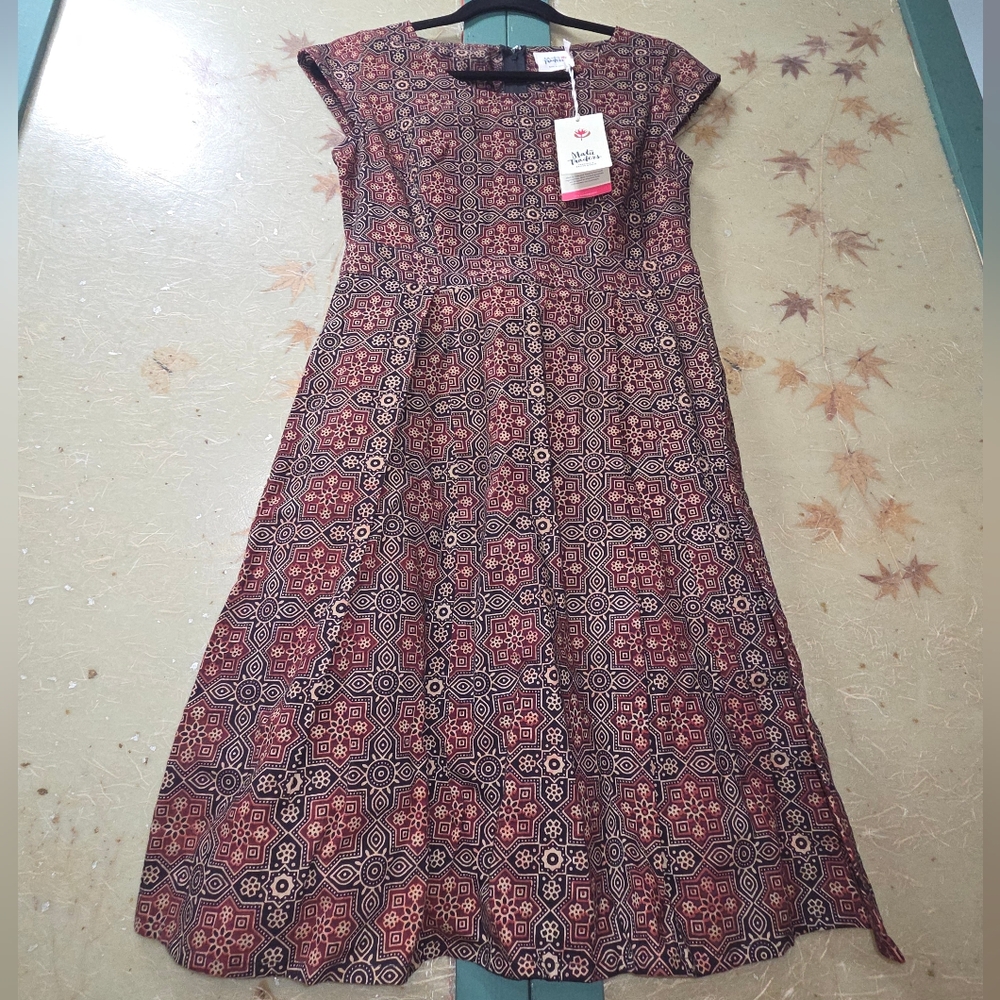NWT Mata Traders Red & Black Midi Dress Handcrafted In India, Block Prints
